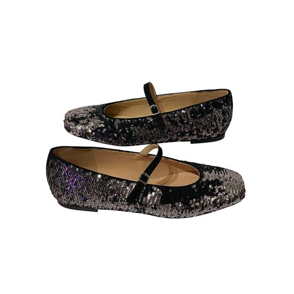 NWOB J.CREW Anya Mary Jane Flats Black Silver Sequin Size 7 Square Toe Sparkle - Picture 1 of 6